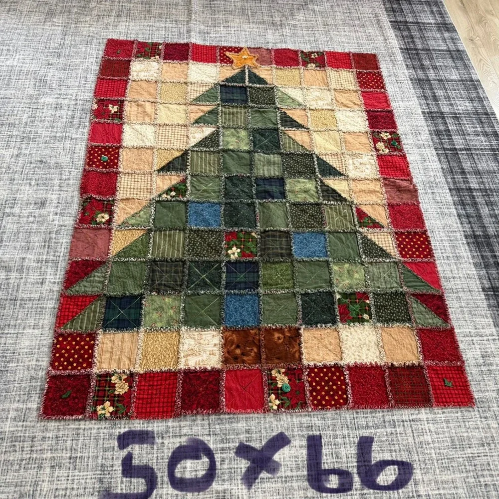 Handmade Christmas Tree Rag Quilt Rustic Holiday Patchwork Throw 50x66